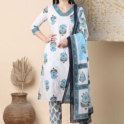 FASHOR Floral Printed V-Neck Pure Cotton Straight Kurta With Trousers & Dupatta-image-96