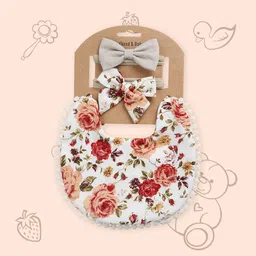 Polka Tots Girls Pack Of 3 Printed Cotton Bibs With Bow Headbands-28