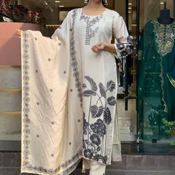 KAUTIK FABRICS Women Embroidered Regular Thread Work Chanderi Silk Kurta with Trousers & With Dupatta-picture-53