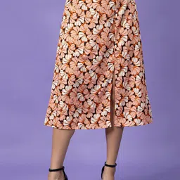Popwings Floral Printed Flared Midi Slit Skirt-image-66