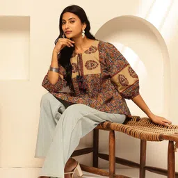 GULMEHAK Floral Print Keyhole Neck Puff Sleeve Cotton Peplum Top-picture-40