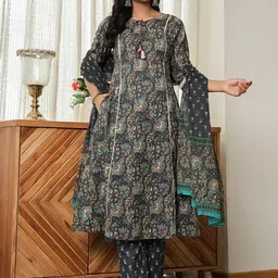 Yufta Women Floral Printed Regular Pure Cotton Kurta with Trousers & With Dupatta-image-82
