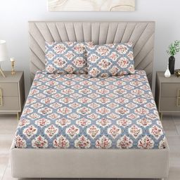 Aura Blue Floral Printed 144 TC Microfiber King Bedsheet Set 1.52 m x 1.98 m-image-97