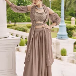 SANCIA Shoulder Straps Detachable Sleeves Ethnic Crop Top With Palazzos & Dupatta-picture-47