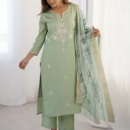 KALINI Ethnic Motifs Embroidered Regular Thread Work Kurta with Trousers & With Dupatta-3