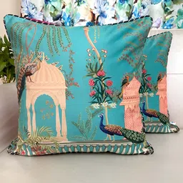 TARA- Sparkling Homes Blue & Green Set of 2 Floral Velvet Square Cushion Covers-14