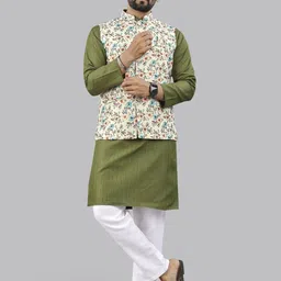 Leipzig Striped Woven Design Mandarin Collar Straight Kurta & Pyjamas With Nehru Jacket-14