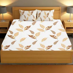IVAZA Gold-Toned And White Floral 350 TC Queen Bedsheet with 2 Pillow Covers-image-0