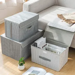 house of quirk Polyester 3 Pack Foldable Storage Bin with Lid and Handle Storage Basket image 4