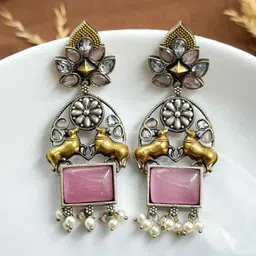 NAMAN ARTS Silver-Plated Stones Studded & Beaded Oxidised Contemporary Drop Earrings-5