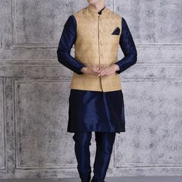 Ethluxis Mandarin Collar Jacquard Dupion Silk Kurta With Churidar & Nehru Jacket-image-12