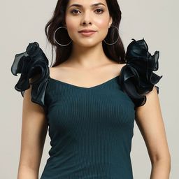 WoowZerz Women Solid Ribbed Ruffled Blouson Top-image-44