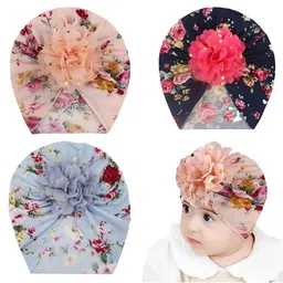 SYGA Kids Pack of 3 Floral Printed Cotton Baby Cap with Flower Applique-15