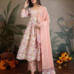BEYOND ETHNIC Women Floral Printed Cotton Anarkali Kurta with Trousers & with Dupatta-37