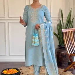 Growdamy Women Floral Embroidered Regular Thread Work Chanderi Silk Kurta with Trousers & With Dupatta-picture-19