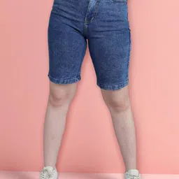 DressBerry Basics Women Solid Washed High-Rise Denim Shorts-image-100