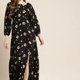 Qurvii  Women Floral Print Puff Sleeve Crepe Maxi Dress-87