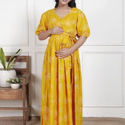 Swasti Women Floral Printed Puff Sleeve Maternity Maxi Dress-picture-36