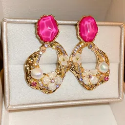AKISON JEWELS Pink Stones Studded & Beaded Stainless Steel Drop Earring-image-56
