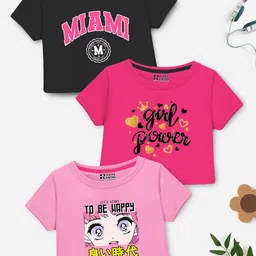 HERE&NOW Girls pack of 3 TypographyPrint Round neck Crop Top-image-73