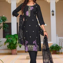 Berrylicious Floral Embroidered Regular Chanderi Cotton Kurta With Trousers With Dupatta-4