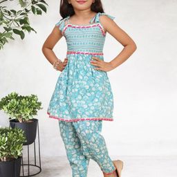 Cutiekins Girls Floral Printed Shoulder Straps Gotta Patti A-Line Kurta With Dhoti Pants-picture-6