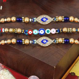 TIED RIBBONS Boys Set Of 3 Stone-Studded Evil Eye Rakhi With Roli Chawal & Greeting Card-image-28