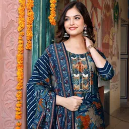 Parth Fab Floral Printed Mirror Work Straight Kurta With Trousers And Dupatta image 4