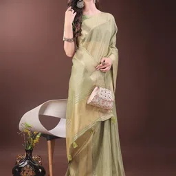 ALAGINI Striped Woven Design Zari Organza Saree-image-89