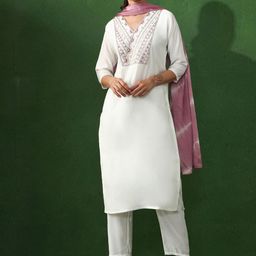 Jaipur Kurti Women Embroidered Regular Thread Work Chanderi Kurta with Trousers & Dupatta-45