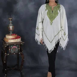 Exotic India Women Aari Hand Embroidered Paisley & Flower Pattern Poncho from Kashmir-image-20