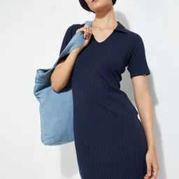 max Women Ribbed Shirt Collar Cotton T-shirt Dress-picture-44