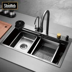 Nano Black 304-Grade Waterfall Kitchen Sink with Integrated Waterfall, Pull-Out & RO Faucet & Soap Dispenser (30 x 18 x 9 Inches) (750 x 450 x 220 mm) Vessel Sink-29