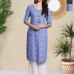 HERE&NOW Selection Of 3 Leheriya Printed Round Neck Straight Kurtas-image-69