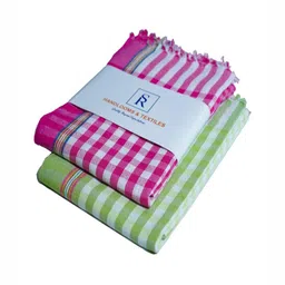 SR HANDLOOMS AND TEXTILES Pink & Green 2 Pieces Striped Pure Cotton 400 GSM Bath Towels-picture-33