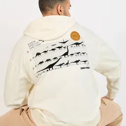 Styli Cream-Coloured Jurassic Park Printed Hooded Oversized Pure Cotton Sweatshirt-picture-17