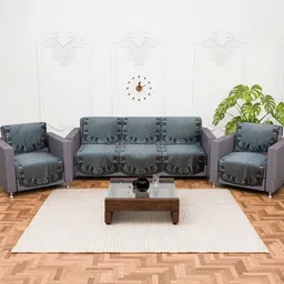 Aura Grey & White 10 Pieces Floral Printed 5 Seater Sofa Covers-picture-9