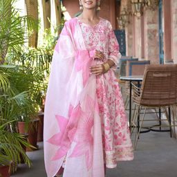 KOTHOTYA Women Floral Printed Regular Mirror Work Kurta with Trousers & With Dupatta image 2