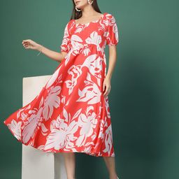 Oomph! Women Floral Printed Puff Sleeve Fit & Flare Midi Dress-image-80