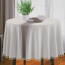 HOME COLORS.IN Off White Striped Cotton Round 4-Seater Table Cover-50