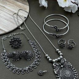 NAMAN ARTS Silver-Plated Oxidised Necklace Jewellery Set-49