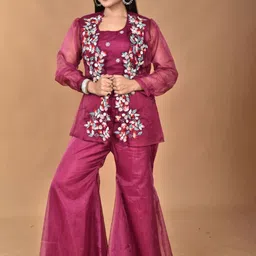 Morchari embroidery Round-Neck Top Jacket With Palazzos Co-Ords-image-99