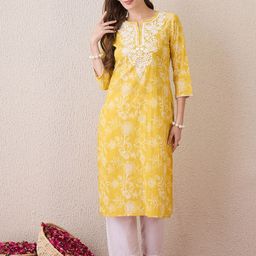Indo Era Floral Embroidered Thread Work Cotton Straight Kurta-35