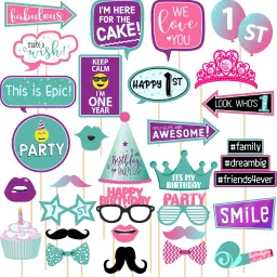 30 Pieces Birthday Photo Booth Props Kit Colorful Funny Kids Birthday Theme Photo Booth Board-image-72