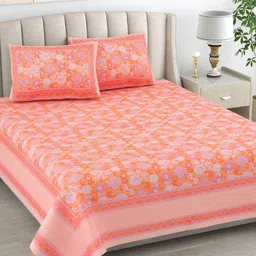 The Craft Monk Yellow & Pink Floral 240 TC Pure Cotton King Bedsheet & 2 Pillow Covers-image-74
