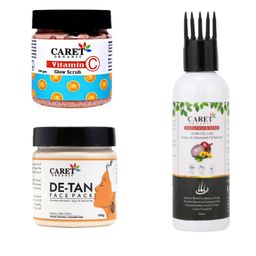 CARET ORGANIC Set Of 3 De-tan Face Pack- Red Onion Seed Hail Oil- Glow Scrub-36