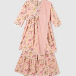 max Girls Floral Printed Regular Mirror Work Pure Cotton Kurta with Sharara & With Dupatta-picture-2