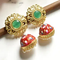 TISHUL JEWELS Gold-Plated Artificial Stones Studded & Beads Beaded Dome Shaped Jhumkas-46