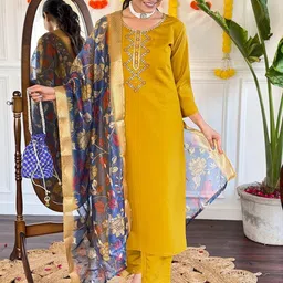 KALINI Floral Embroidered Round Neck Pure Cotton Straight Kurta with Trousers & Dupatta-38