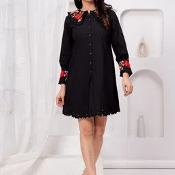 Zolo Label Women Shirt Collar Cuffed Sleeves Embroidered A-Line Midi Dress-picture-44